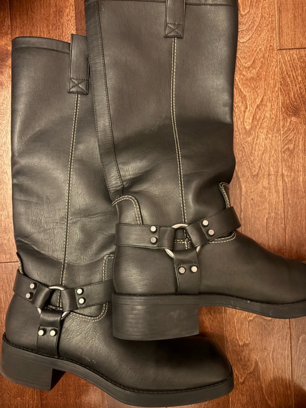Zara Black Leather like Knee-High Winter Boots with Contrast Stitching